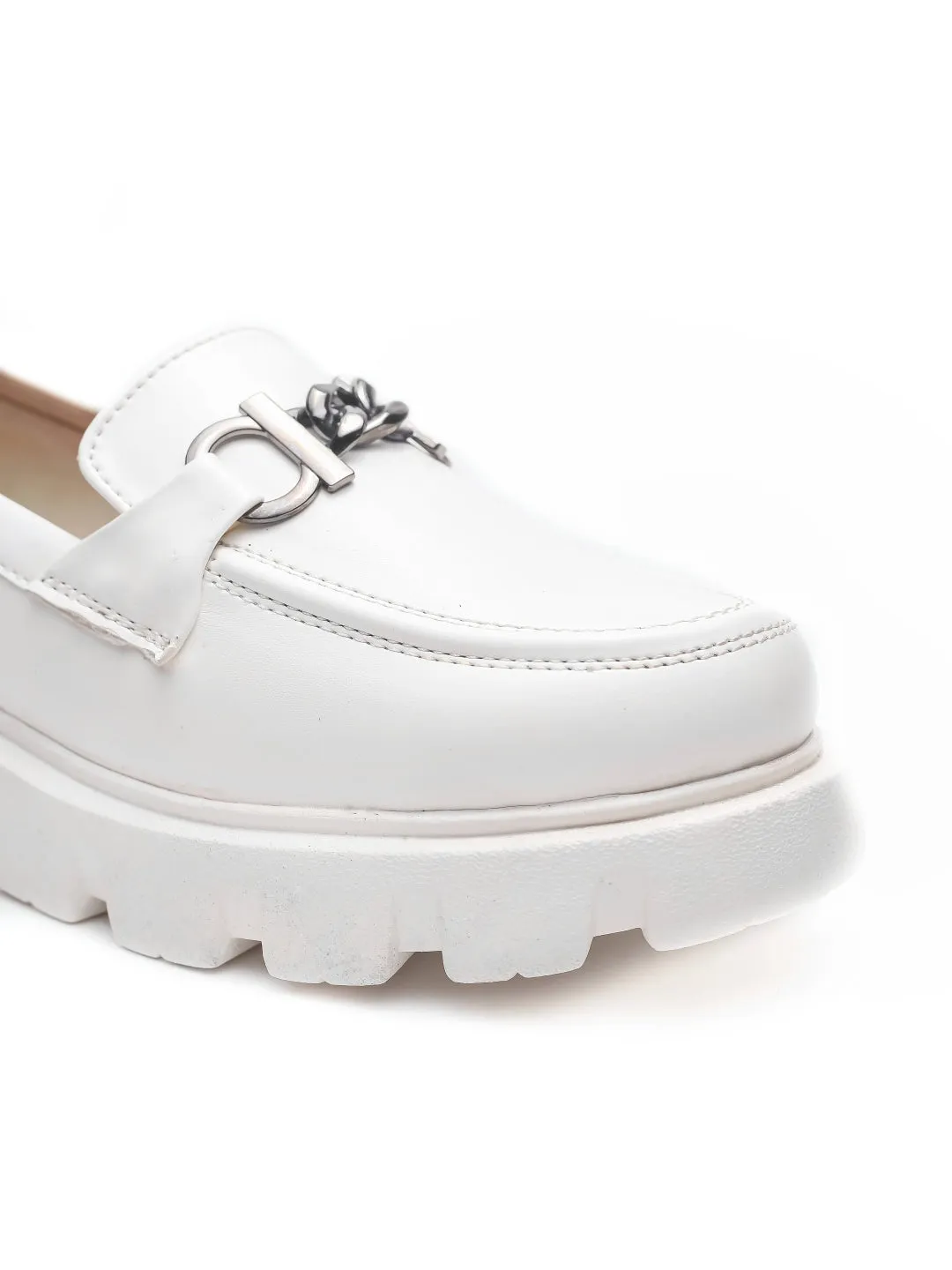 Brauch White Solid Buckle Embellished Loafer Shoe Slip On Dress Loafers