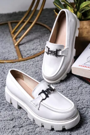 Wide Toe Box Loafers Brauch White Solid Buckle Embellished Loafer Shoe