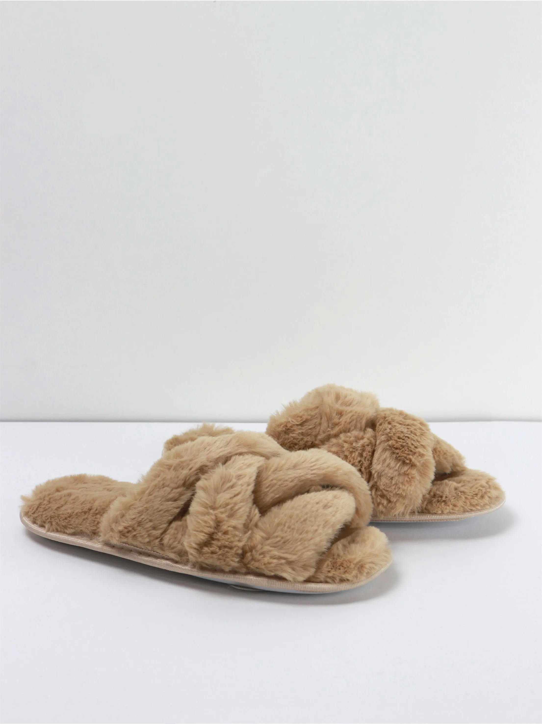 Yorkshire Terrier Slippers Women's Faux Fur Slip-On Slippers,Beige