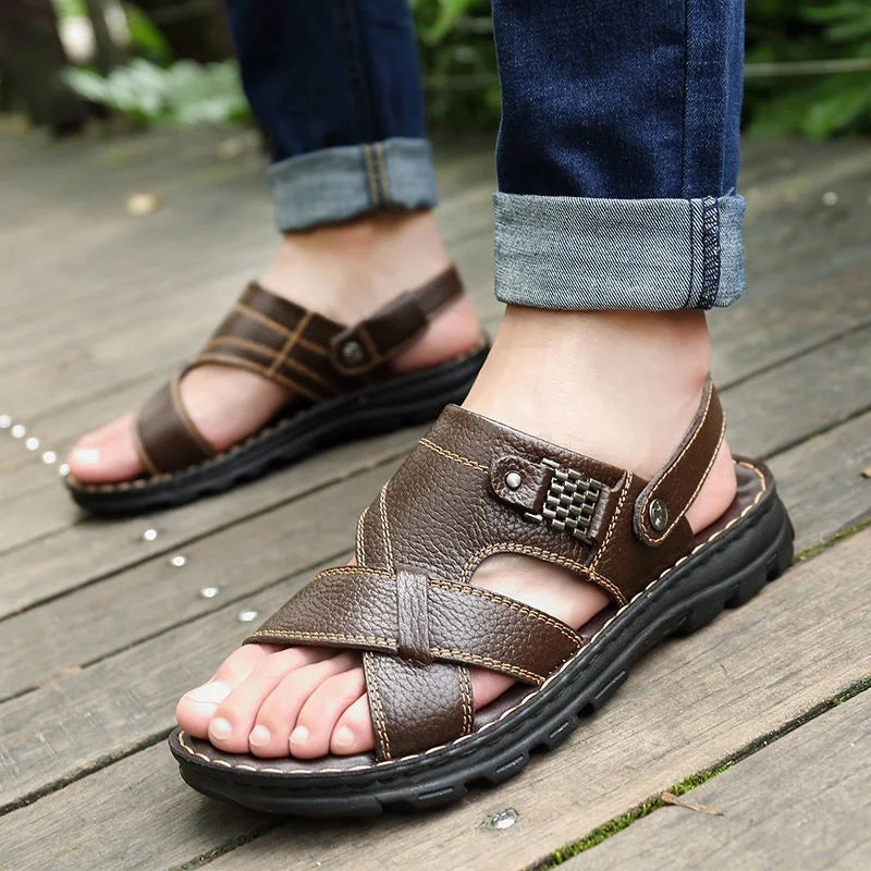 Wedge Floral Sandals Men's Summer New Non-slip Genuine Leather Sandals