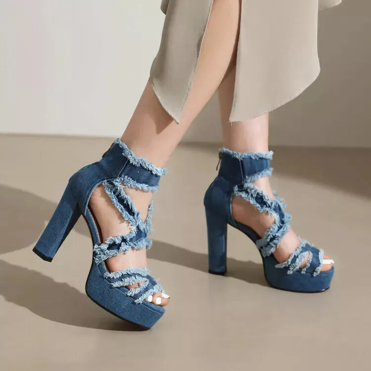 Women's Fashion Denim Cutout Frayed Platform Block Heel Gladiator Sandal Shoes Cycling Sandals