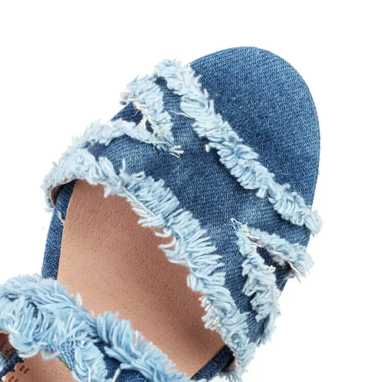 Women's Fashion Denim Cutout Frayed Platform Block Heel Gladiator Sandal Shoes Ladies Walking