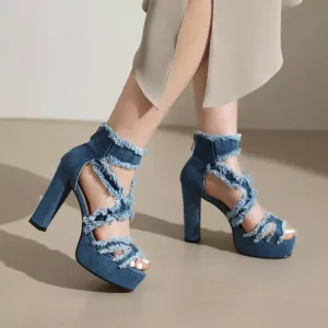 Women's Fashion Denim Cutout Frayed Platform Block Heel Gladiator Sandal Shoes Arch Support Slide Sandals