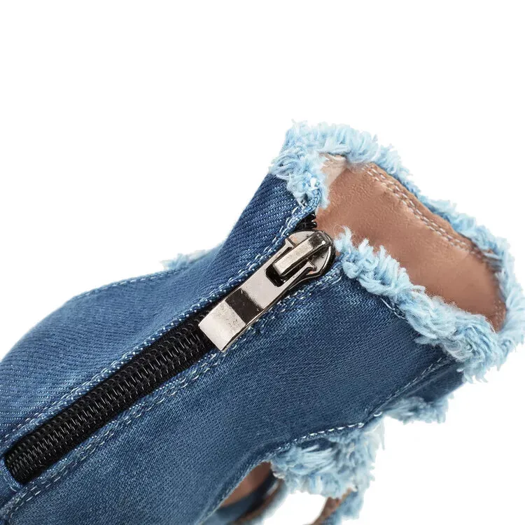 Women's Fashion Denim Cutout Frayed Platform Block Heel Gladiator Sandal Shoes Sandals Pattern