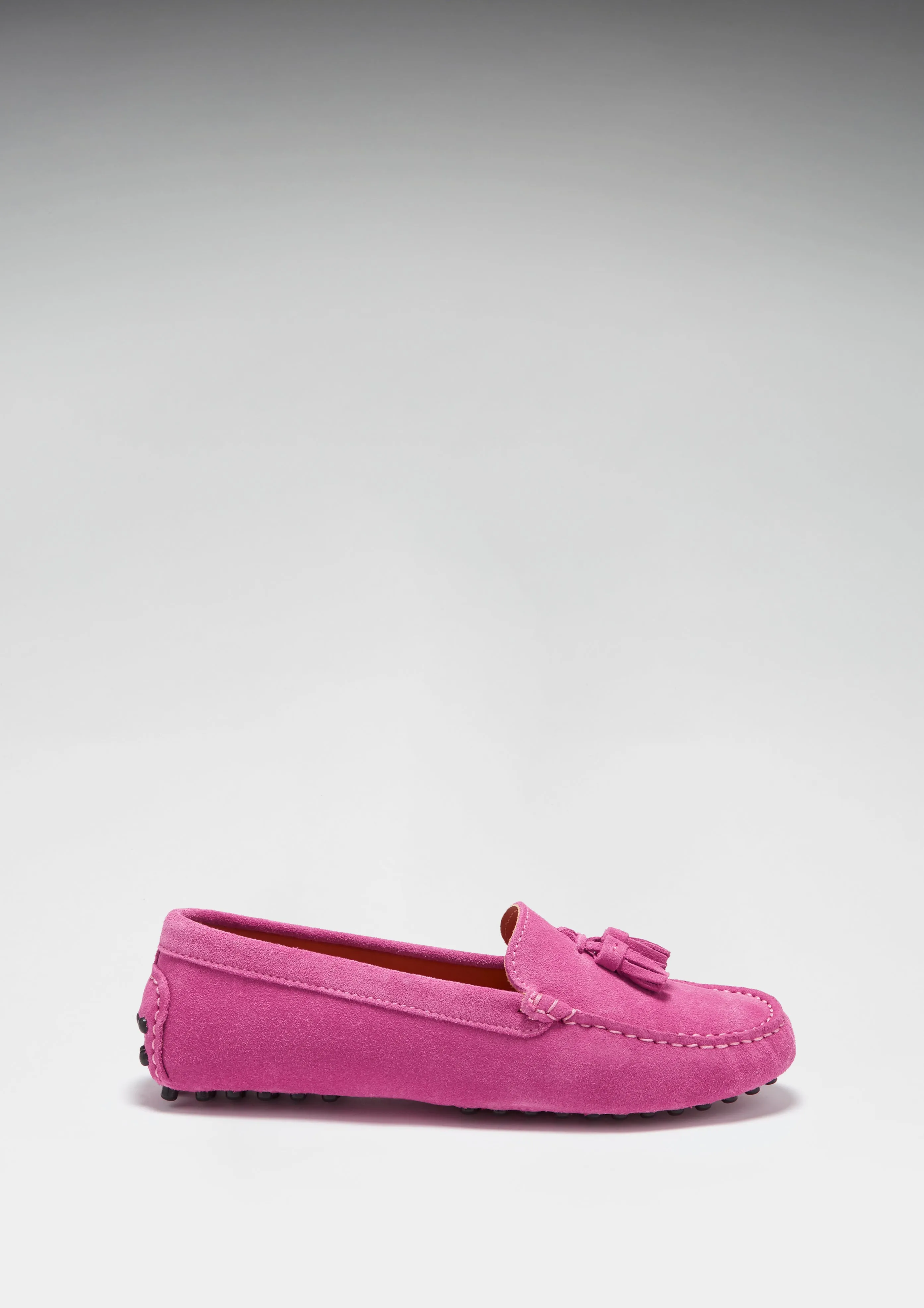 Women's Tasselled Driving Loafers, pink suede Belgian Loafers With Tuxedo