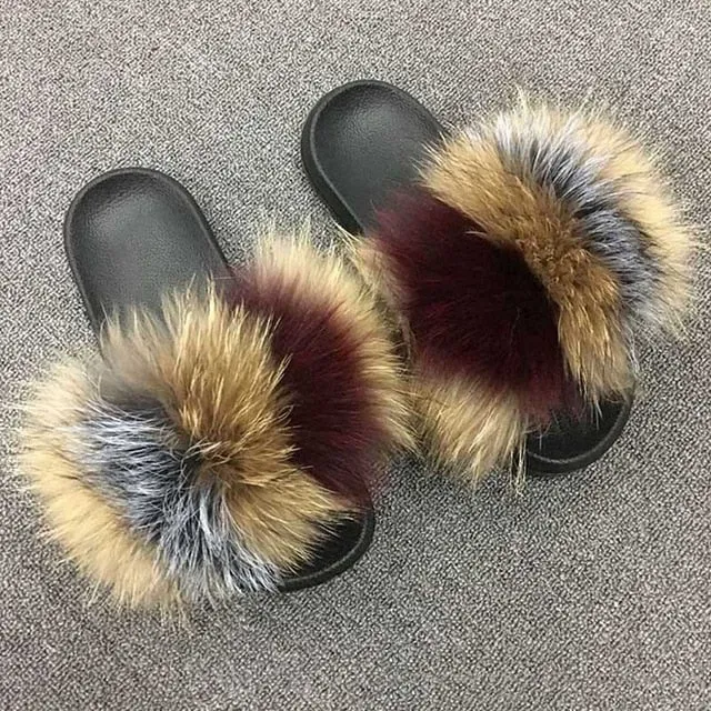 Novelty Slippers Coolsa Summer Women Fox Fur Slippers Real Fox hair Slides Female Furry Indoor Flip Flops Casual Beach Sandals Fluffy Plush Shoes
