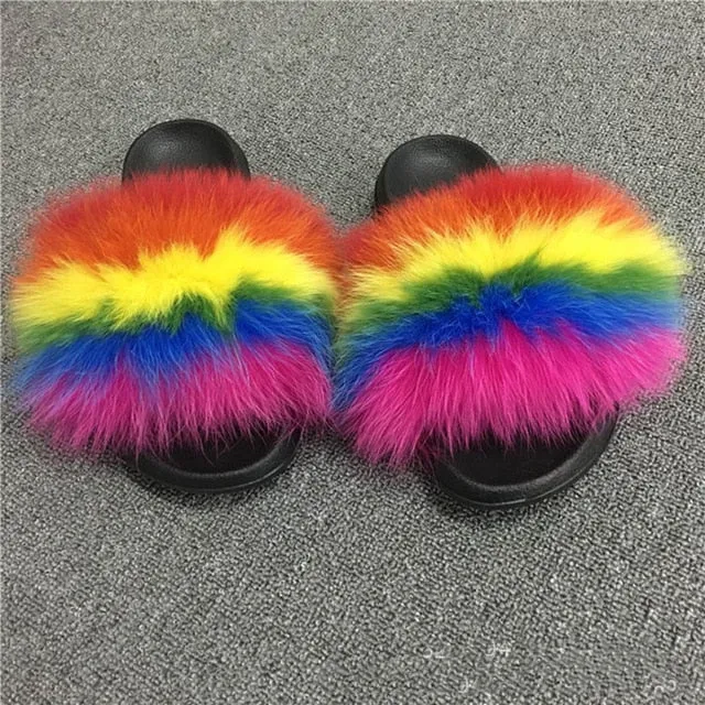 Guinness Slippers Coolsa Summer Women Fox Fur Slippers Real Fox hair Slides Female Furry Indoor Flip Flops Casual Beach Sandals Fluffy Plush Shoes