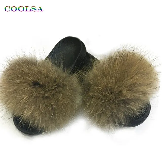 Coolsa Summer Women Fox Fur Slippers Real Fox hair Slides Female Furry Indoor Flip Flops Casual Beach Sandals Fluffy Plush Shoes Acron Slippers