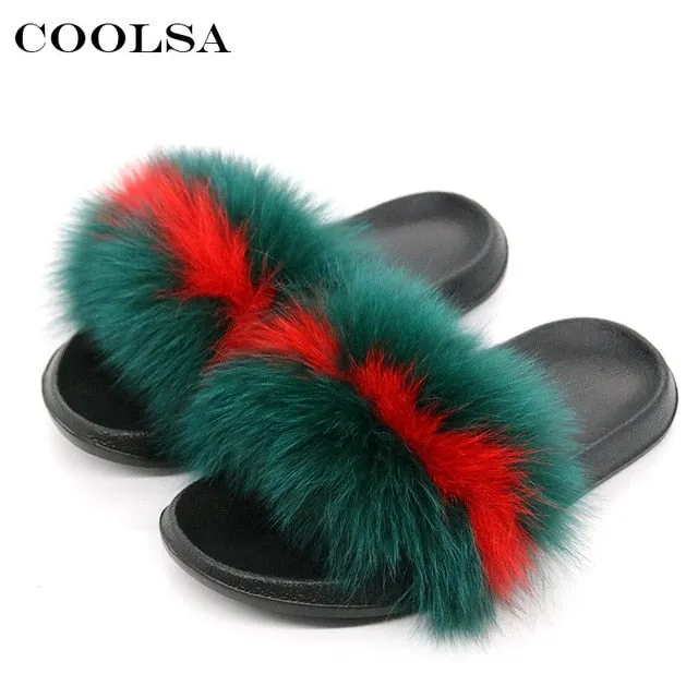 House Slippers Arch Support Coolsa Summer Women Fox Fur Slippers Real Fox hair Slides Female Furry Indoor Flip Flops Casual Beach Sandals Fluffy Plush Shoes