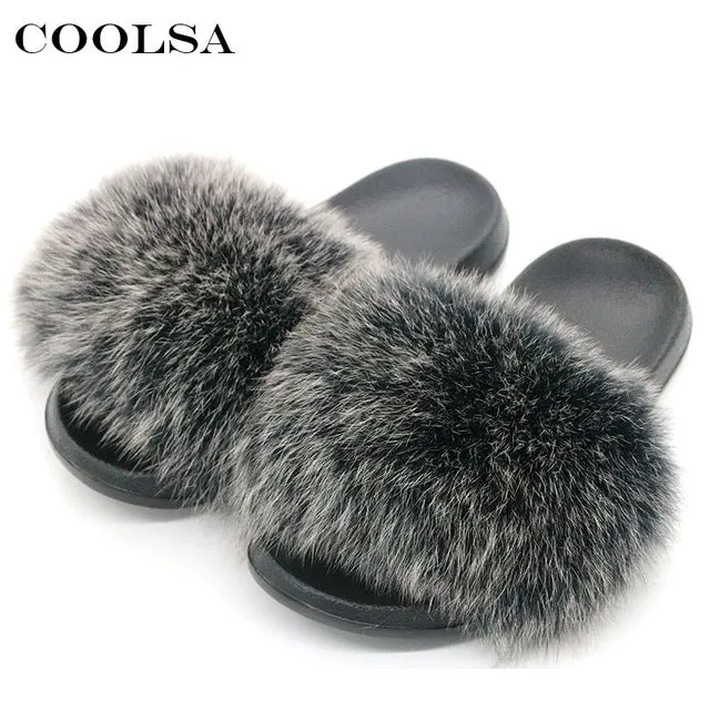 Coolsa Summer Women Fox Fur Slippers Real Fox hair Slides Female Furry Indoor Flip Flops Casual Beach Sandals Fluffy Plush Shoes Fuzzy Rabbit Slippers