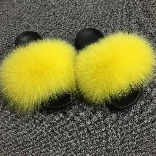 Coolsa Summer Women Fox Fur Slippers Real Fox hair Slides Female Furry Indoor Flip Flops Casual Beach Sandals Fluffy Plush Shoes Fendi Slides