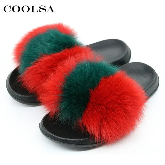 Australian Made Slippers Coolsa Summer Women Fox Fur Slippers Real Fox hair Slides Female Furry Indoor Flip Flops Casual Beach Sandals Fluffy Plush Shoes