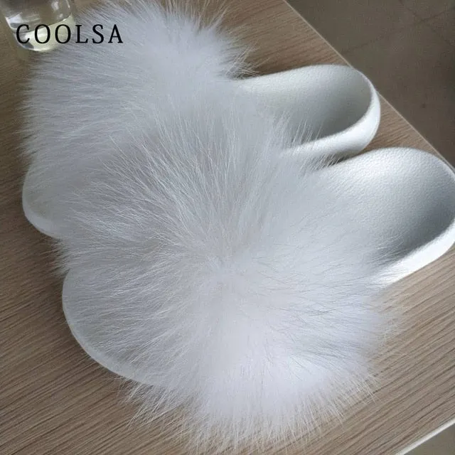 Gemma Mule Slippers Coolsa Summer Women Fox Fur Slippers Real Fox hair Slides Female Furry Indoor Flip Flops Casual Beach Sandals Fluffy Plush Shoes