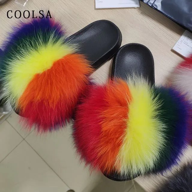 Dracos Slides Coolsa Summer Women Fox Fur Slippers Real Fox hair Slides Female Furry Indoor Flip Flops Casual Beach Sandals Fluffy Plush Shoes