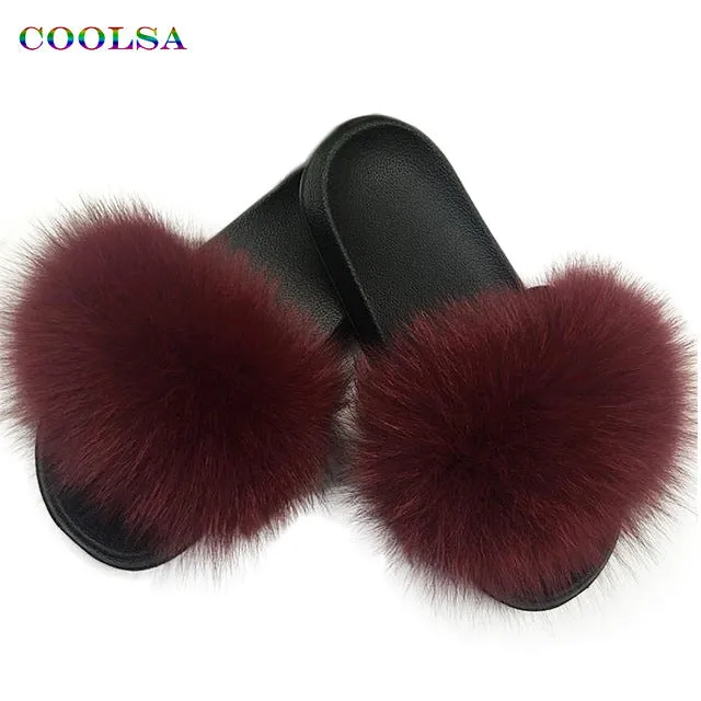 Beaded Slippers Coolsa Summer Women Fox Fur Slippers Real Fox hair Slides Female Furry Indoor Flip Flops Casual Beach Sandals Fluffy Plush Shoes