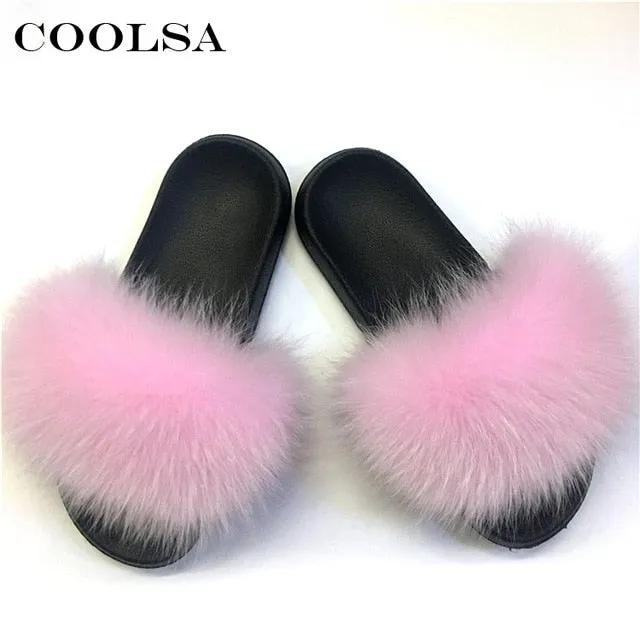 Spencer Slippers Coolsa Summer Women Fox Fur Slippers Real Fox hair Slides Female Furry Indoor Flip Flops Casual Beach Sandals Fluffy Plush Shoes