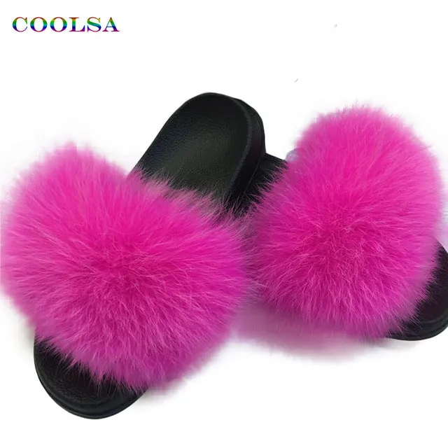 Coolsa Summer Women Fox Fur Slippers Real Fox hair Slides Female Furry Indoor Flip Flops Casual Beach Sandals Fluffy Plush Shoes 100 Cotton Slippers