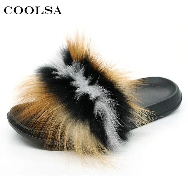 Coolsa Summer Women Fox Fur Slippers Real Fox hair Slides Female Furry Indoor Flip Flops Casual Beach Sandals Fluffy Plush Shoes Akatsuki Slippers