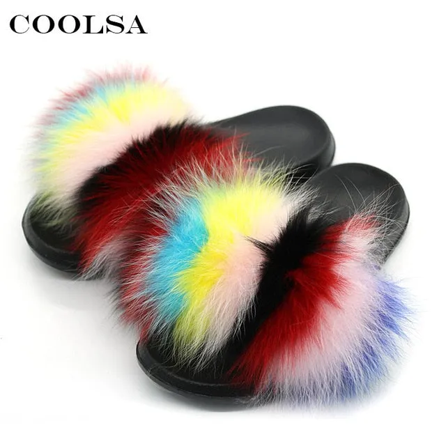 Coolsa Summer Women Fox Fur Slippers Real Fox hair Slides Female Furry Indoor Flip Flops Casual Beach Sandals Fluffy Plush Shoes Frog Feet Slippers