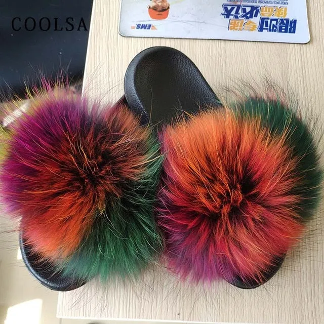 Slippers Boot Coolsa Summer Women Fox Fur Slippers Real Fox hair Slides Female Furry Indoor Flip Flops Casual Beach Sandals Fluffy Plush Shoes