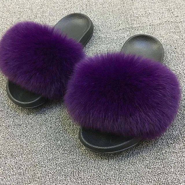 Slide On Heels Coolsa Summer Women Fox Fur Slippers Real Fox hair Slides Female Furry Indoor Flip Flops Casual Beach Sandals Fluffy Plush Shoes