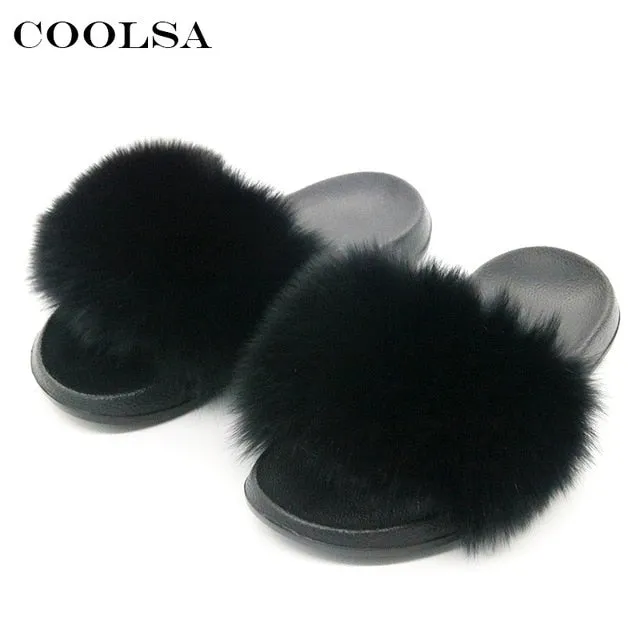 Doxie Slippers Coolsa Summer Women Fox Fur Slippers Real Fox hair Slides Female Furry Indoor Flip Flops Casual Beach Sandals Fluffy Plush Shoes