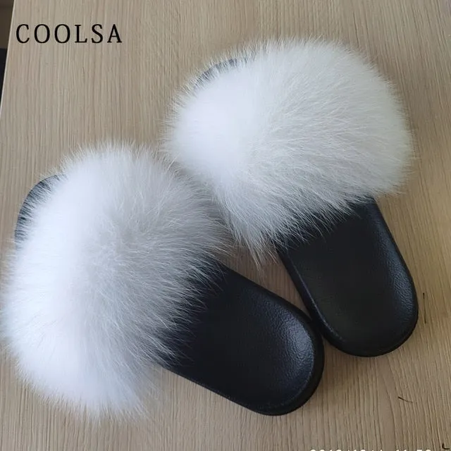 Coolsa Summer Women Fox Fur Slippers Real Fox hair Slides Female Furry Indoor Flip Flops Casual Beach Sandals Fluffy Plush Shoes Hadley Slides