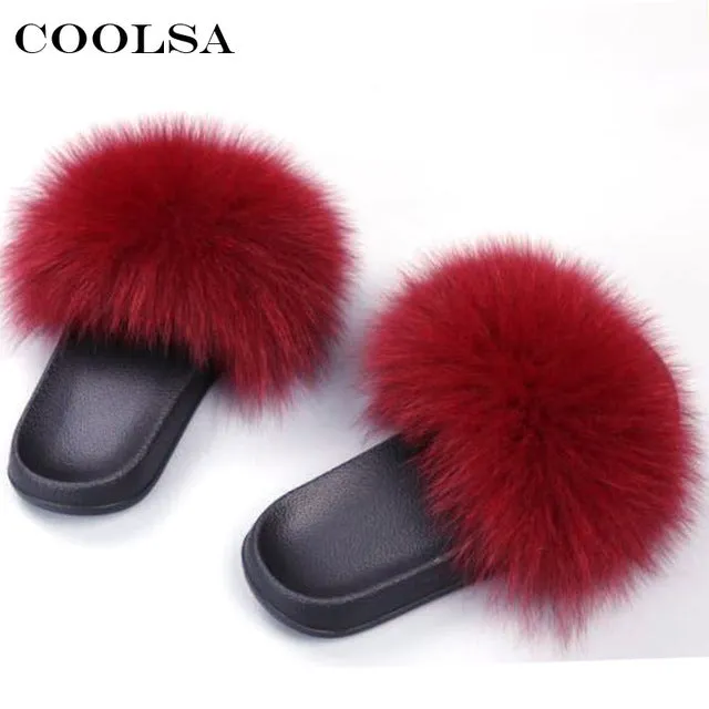 Coolsa Summer Women Fox Fur Slippers Real Fox hair Slides Female Furry Indoor Flip Flops Casual Beach Sandals Fluffy Plush Shoes Knitted Slippers Felted Pattern