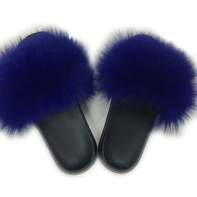 Flannel Lined Slippers Coolsa Summer Women Fox Fur Slippers Real Fox hair Slides Female Furry Indoor Flip Flops Casual Beach Sandals Fluffy Plush Shoes