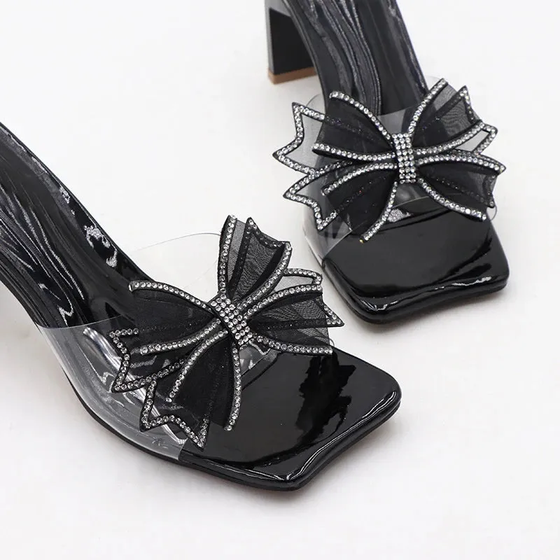 Fluff Slippers Liyke Transparent Hausschuhe Fr Frauen Grn Seltsame Niedrigen Platz Heels Maultiere Kristall Bowknot PVC Sommer Sandalen Schuhe Strand Dias