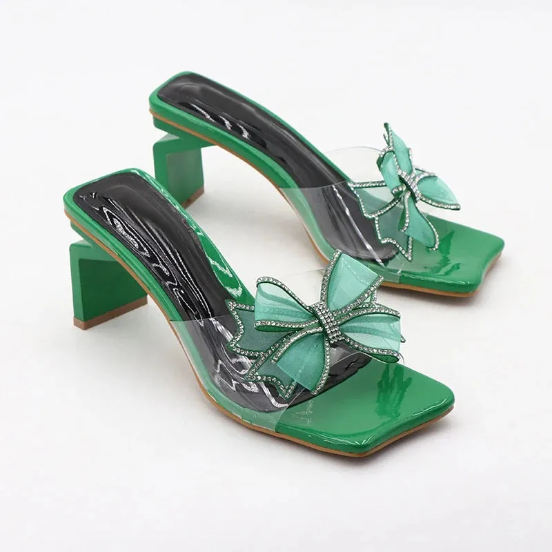 Liyke Transparent Hausschuhe Fr Frauen Grn Seltsame Niedrigen Platz Heels Maultiere Kristall Bowknot PVC Sommer Sandalen Schuhe Strand Dias American Eagle Grinch Slippers