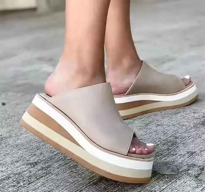 Slide Bottoms Comemore-Women's Leather Platform Slippers Female Slides Sandals   S21398