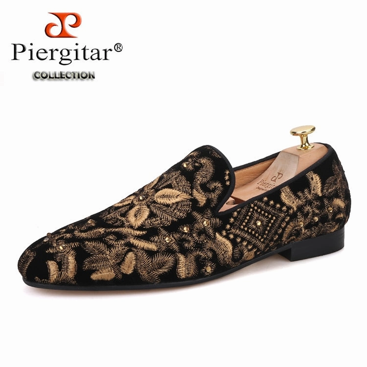 Ice Slippers Handmade Men Loafers With Full Gold Embroidery Slip-on Fashion party and wedding men dress shoes smoking slippers