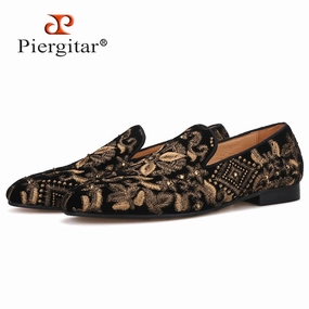 Falcon Ridge Slippers Handmade Men Loafers With Full Gold Embroidery Slip-on Fashion party and wedding men dress shoes smoking slippers