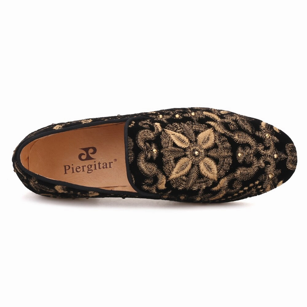 Duck Feet Slippers Handmade Men Loafers With Full Gold Embroidery Slip-on Fashion party and wedding men dress shoes smoking slippers