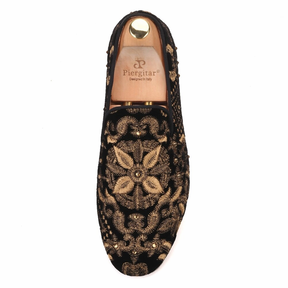 Elmo Slippers Handmade Men Loafers With Full Gold Embroidery Slip-on Fashion party and wedding men dress shoes smoking slippers