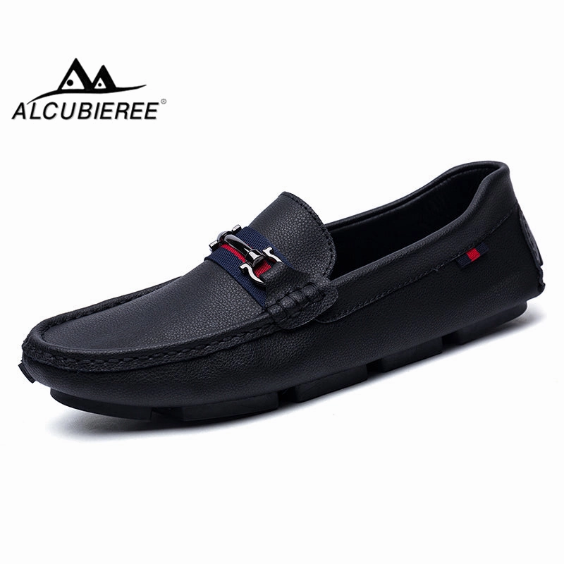 Sockless Loafers ALCUBIEREE High Quality Genuine Leather Men Loafers Men's Slip On 3 Black Styles Driving Shoes Men Moccasin Gommino Boat Shoes