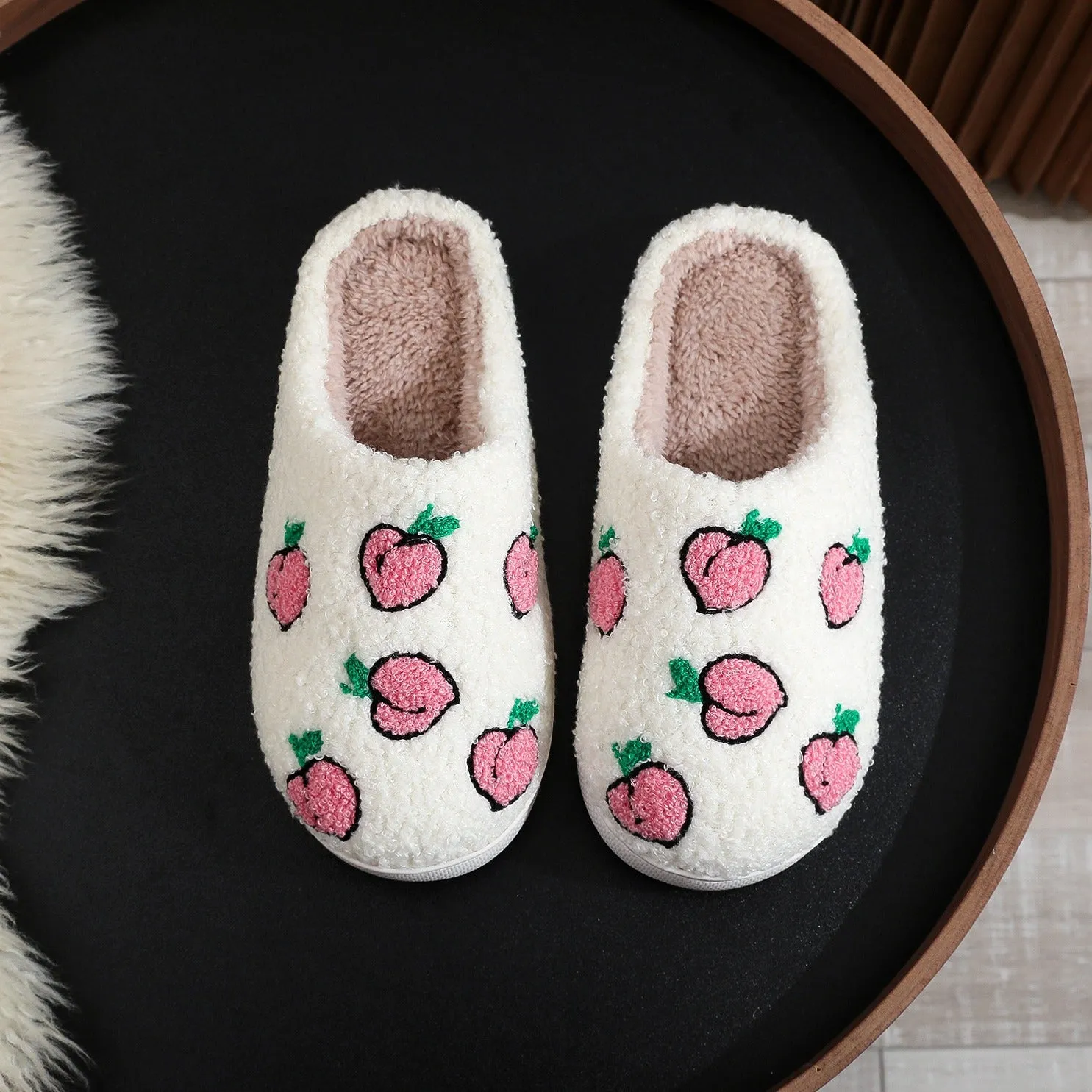 Countryside Fruit Pattern Fuzzy Slippers Wide Toe Box Slippers