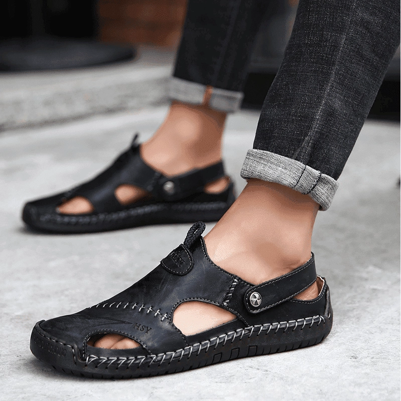 Darren - Men Leather Sandals Summer Non-slip Breathable Slip on Bike Sandals