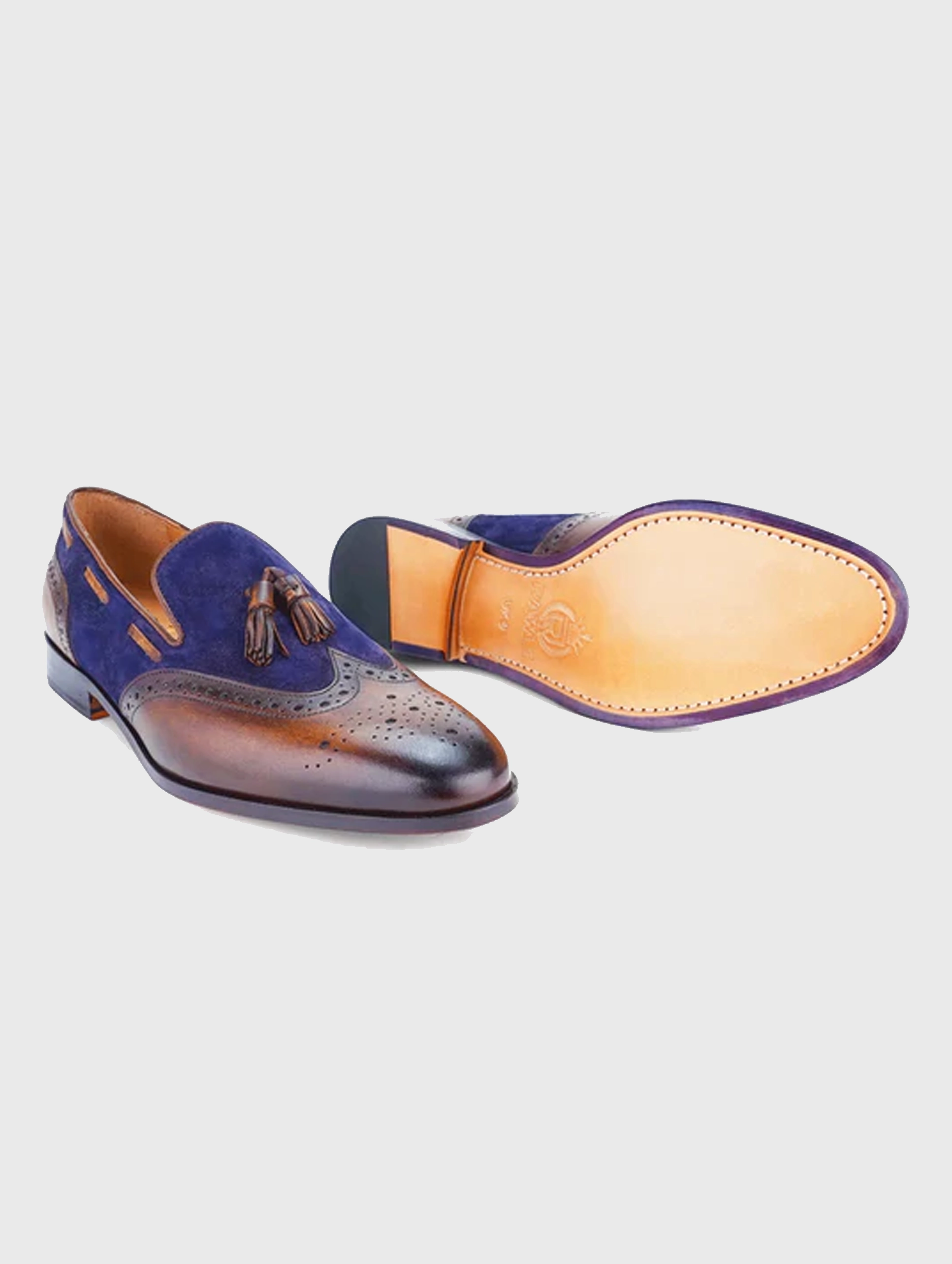 Caroline Loafers Declan Wingtip Tassel Loafer - Tan/Blue with Patina