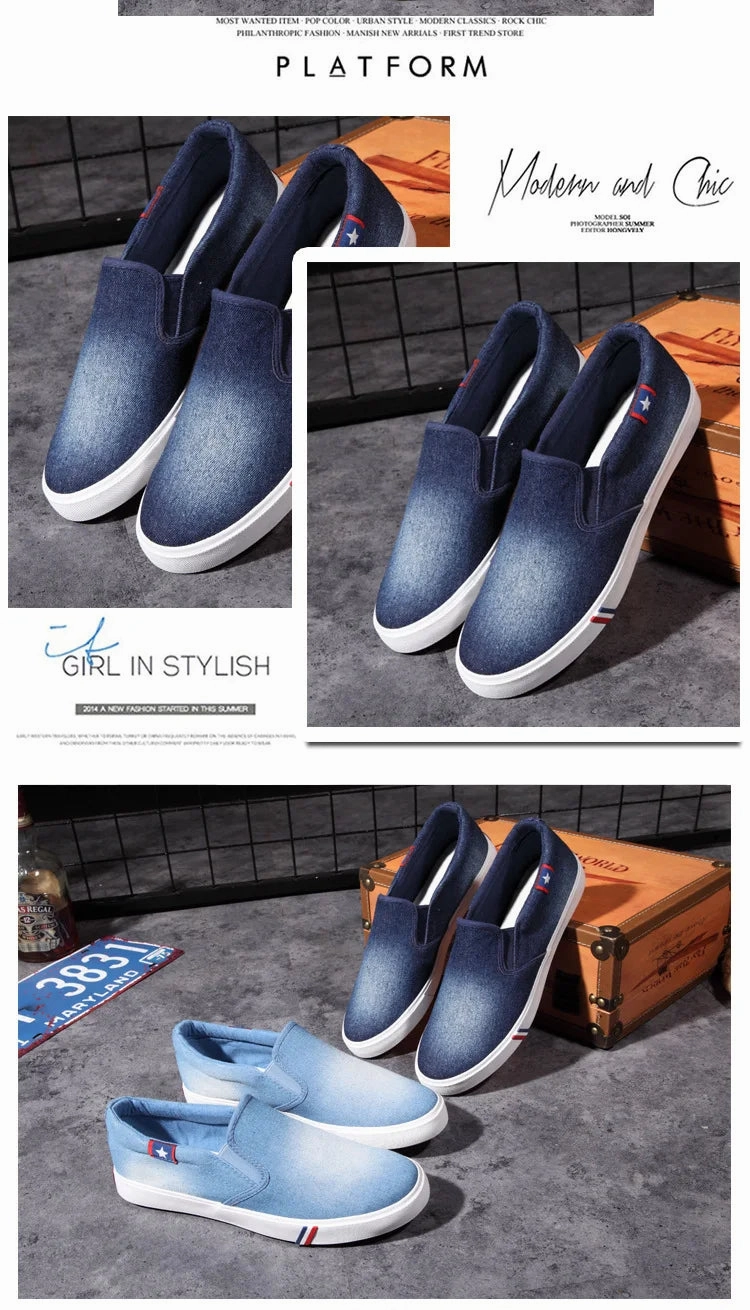 Denim Men's Canvas Shoes Slip-On Sneakers Male Flats Breathable Loafers for Men 2024 Summer Trainers Light Black Shoes Footwear Closed Toe Shoes Flats