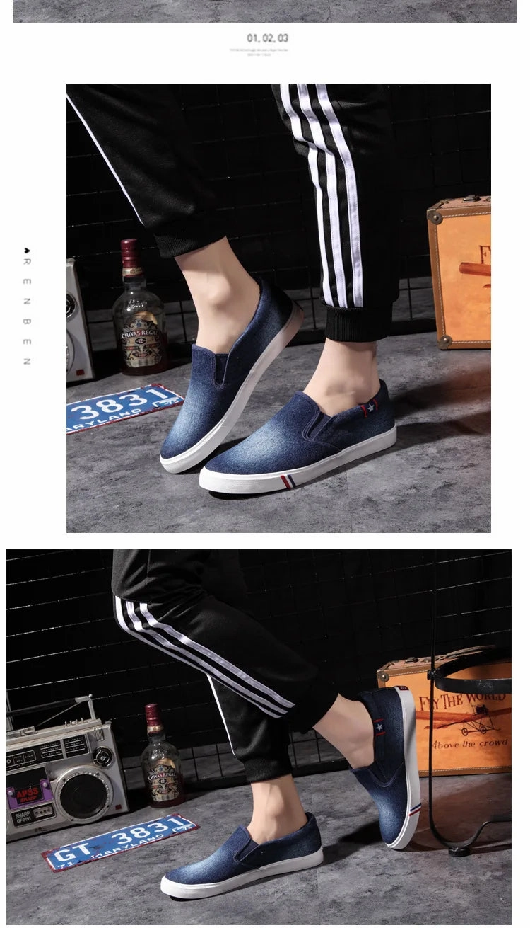 Denim Men's Canvas Shoes Slip-On Sneakers Male Flats Breathable Loafers for Men 2024 Summer Trainers Light Black Shoes Footwear Shoe For Flat Feet
