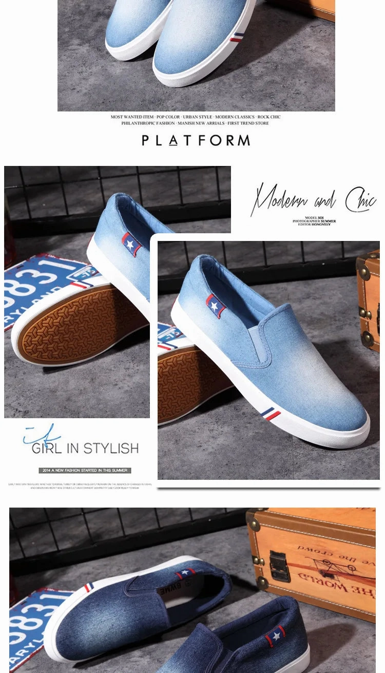 Denim Men's Canvas Shoes Slip-On Sneakers Male Flats Breathable Loafers for Men 2024 Summer Trainers Light Black Shoes Footwear Toe Flat Shoes