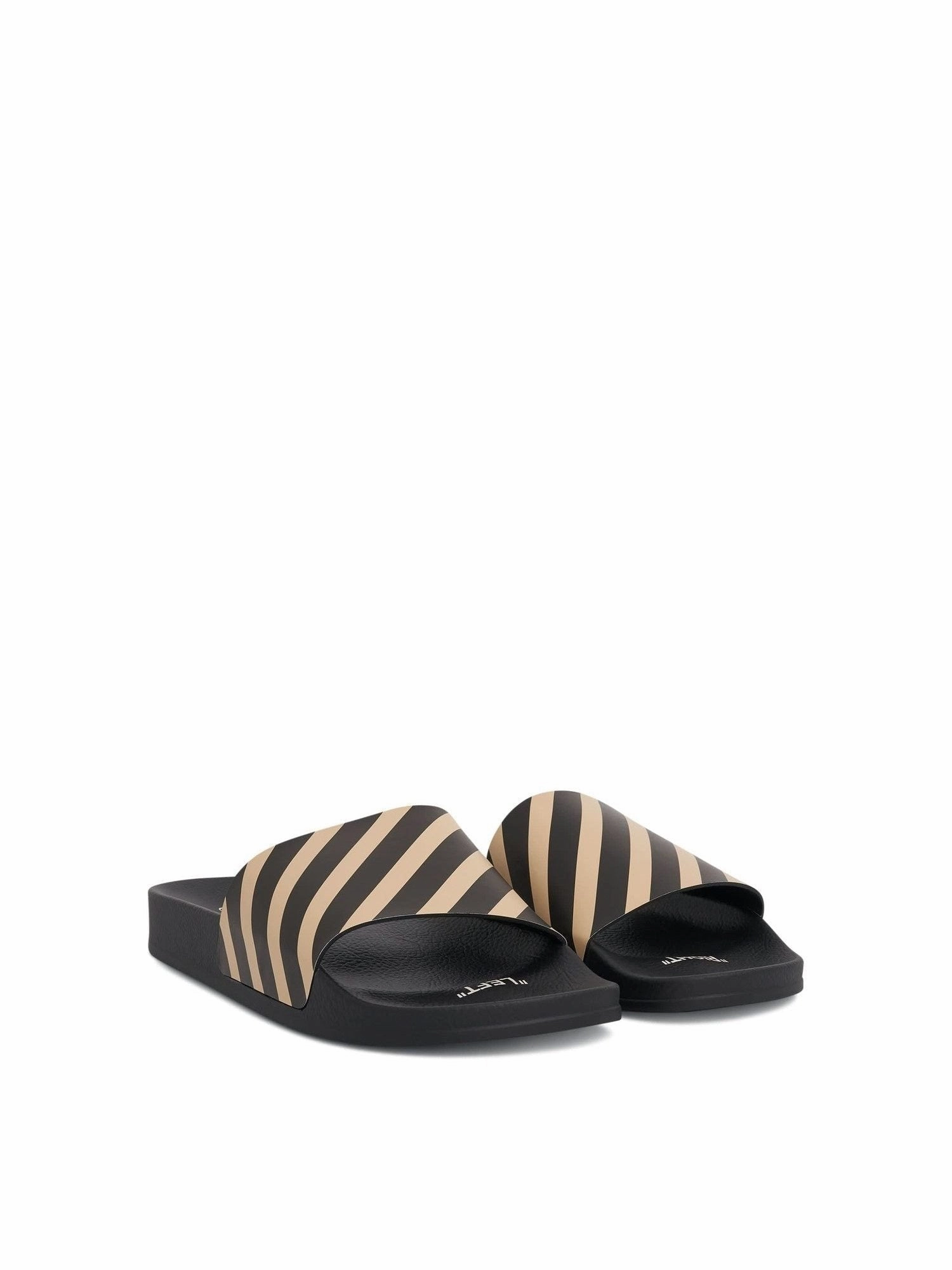 Studded Flat Sandals Diagonal Slider in Black/Beige