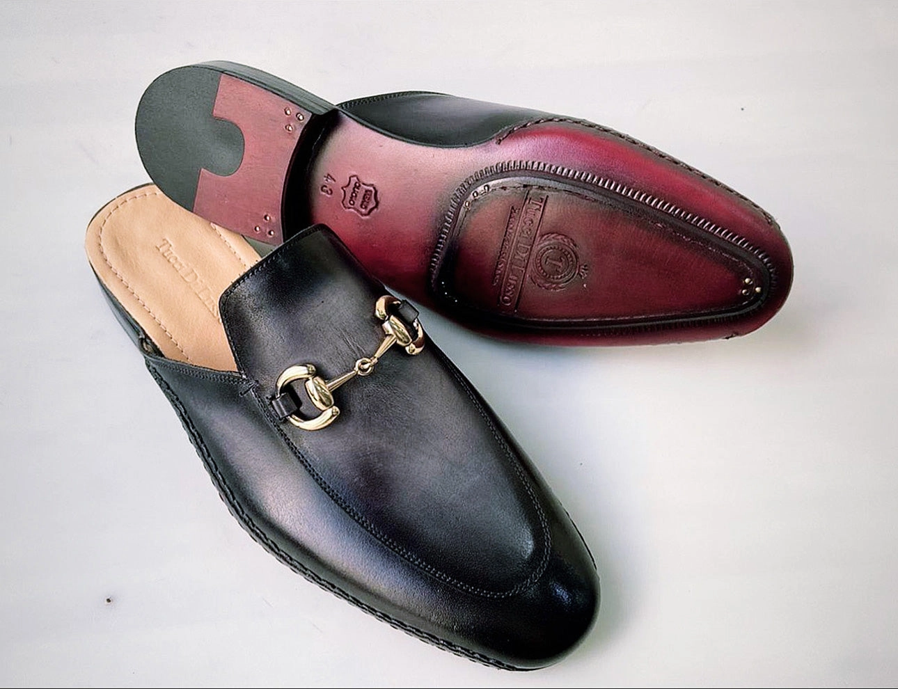 Tucci Di Lusso Mens Two Tone Black-Gray Handcrafted Luxury Italian Leather Slippers Mule Beachwear Slippers