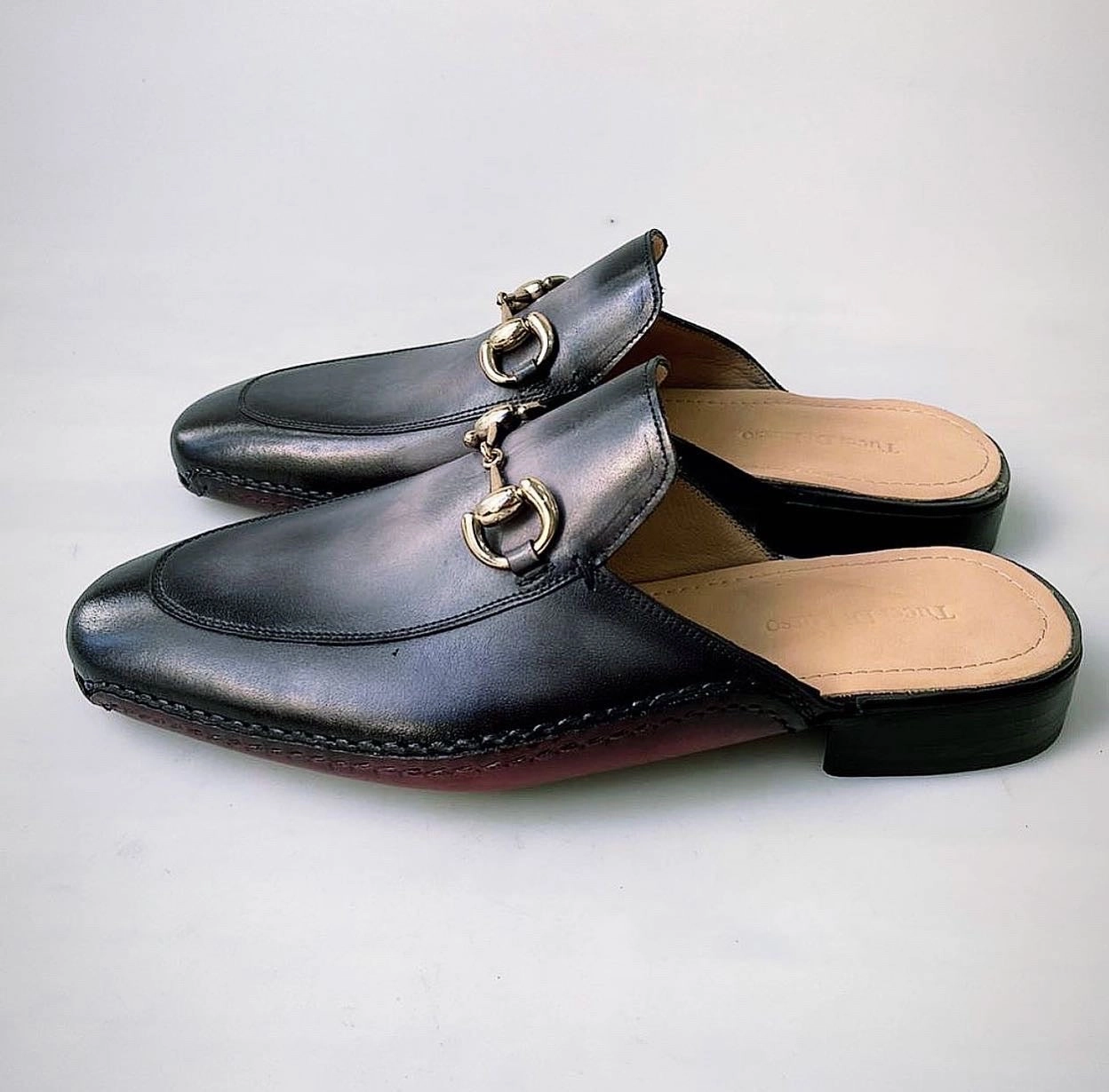 Tucci Di Lusso Mens Two Tone Black-Gray Handcrafted Luxury Italian Leather Slippers Mule Kirby Slippers