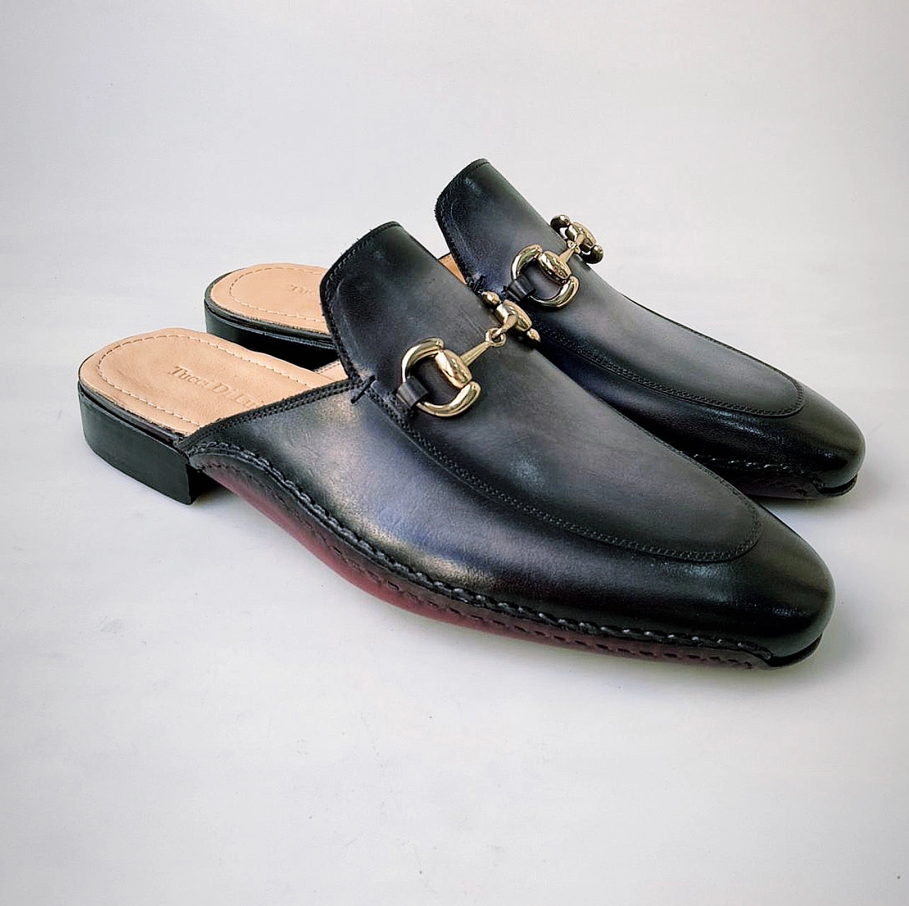 Tucci Di Lusso Mens Two Tone Black-Gray Handcrafted Luxury Italian Leather Slippers Mule Rose Slides