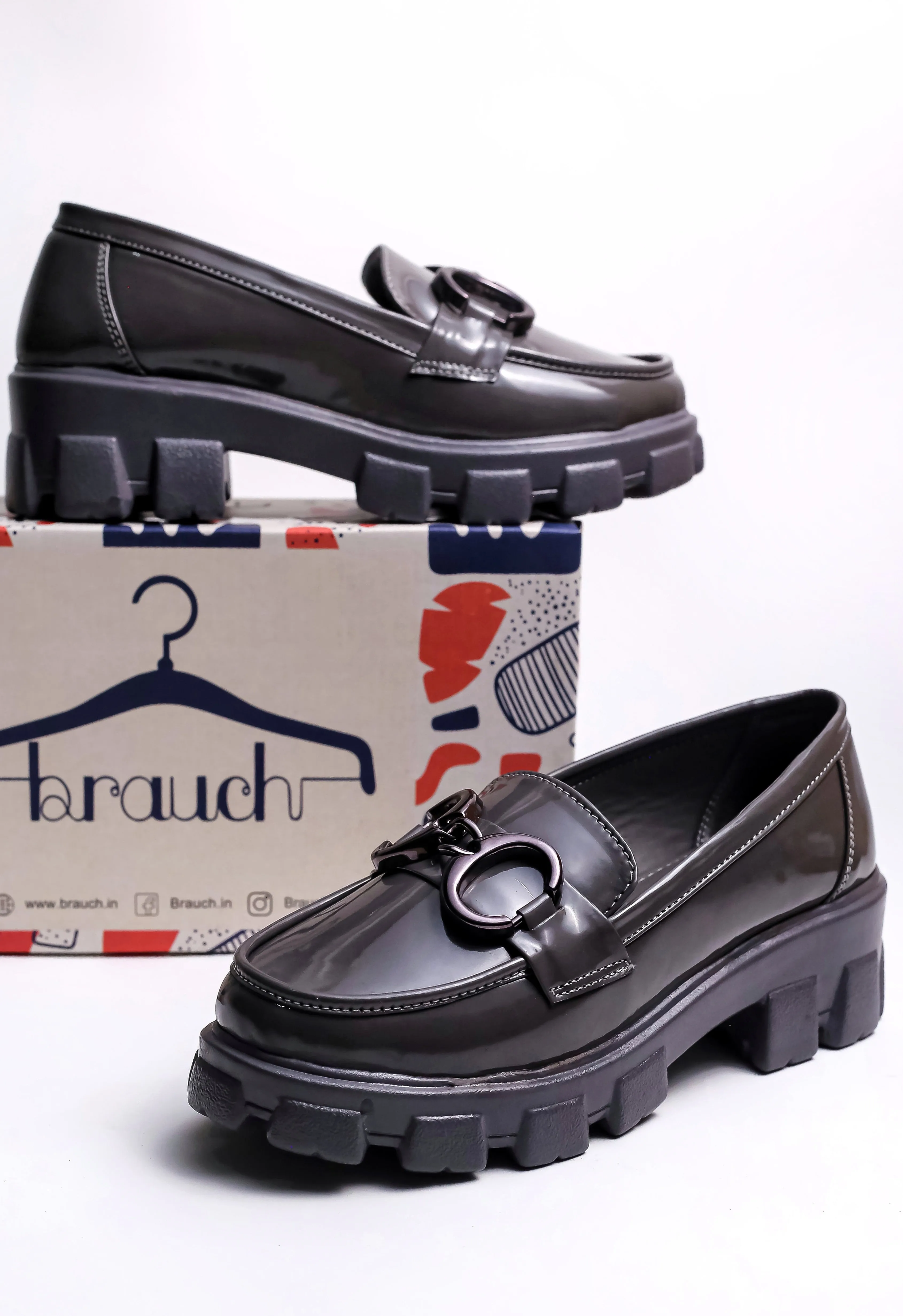 Brauch Grey Patent Embellished Loafer Shoe Insole Loafers