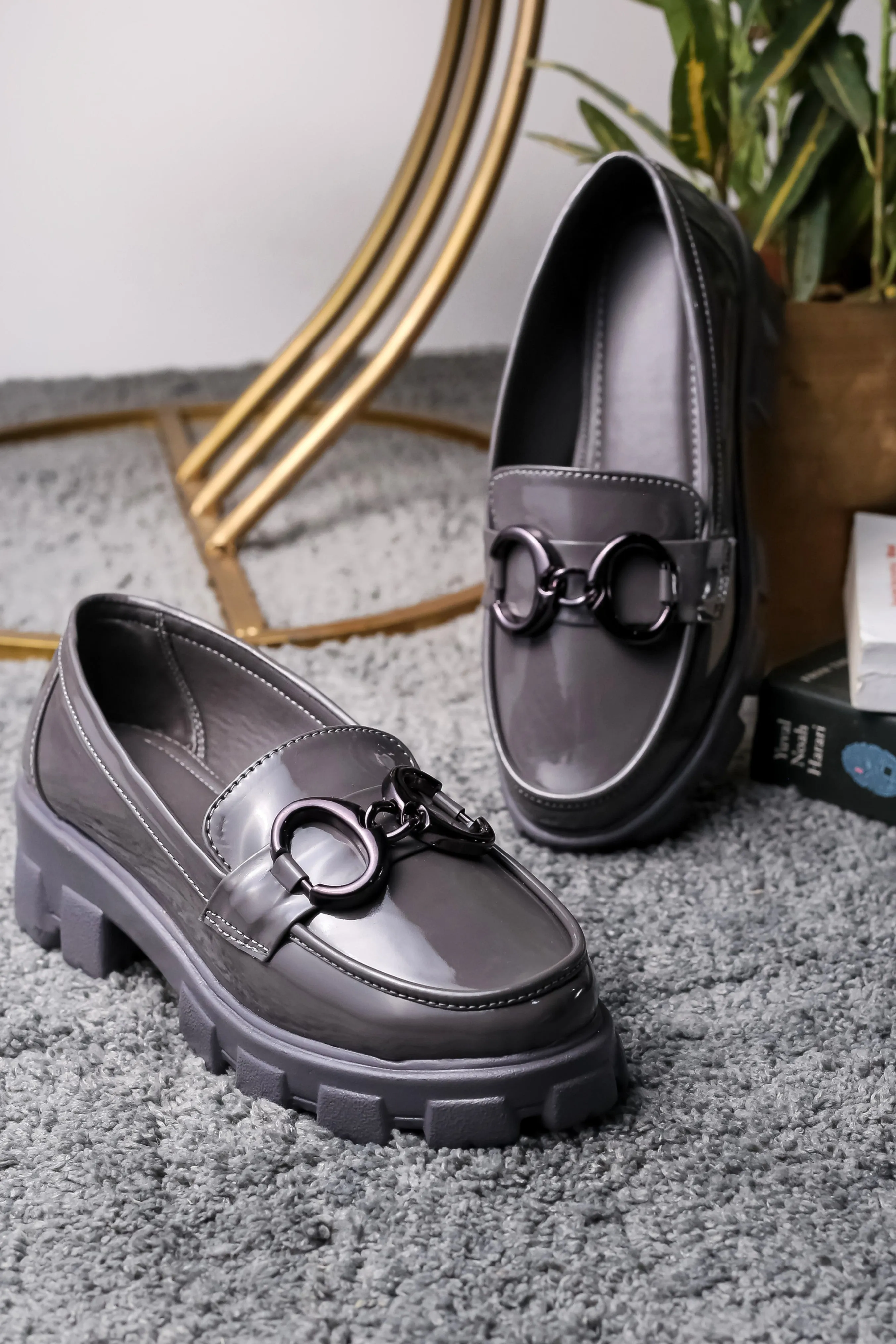 Brauch Grey Patent Embellished Loafer Shoe Canvas Slip On Loafers