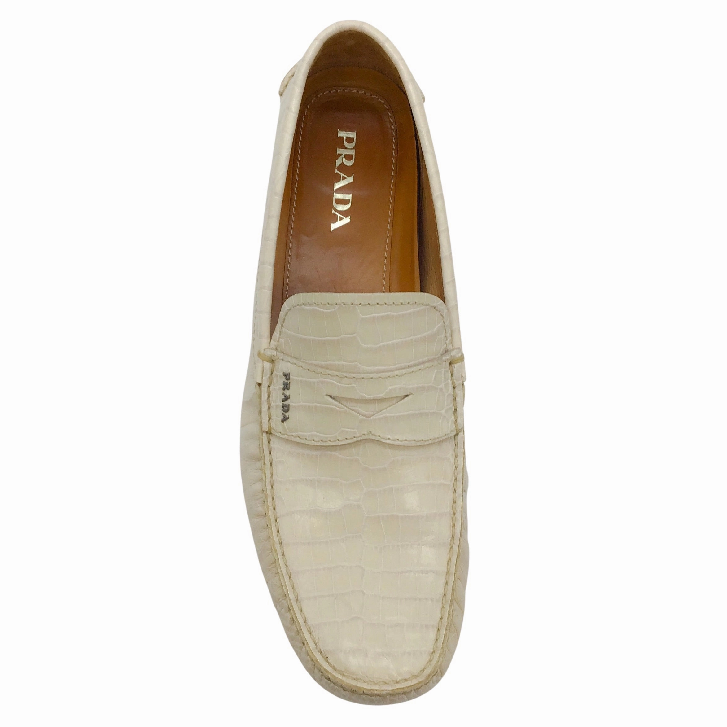 Prada Men's Ivory Crocodile Leather Driving Loafers Padded Flat Shoes